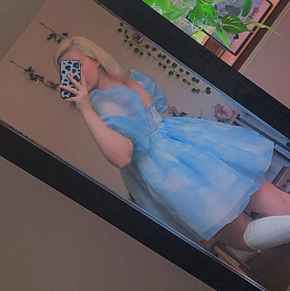 Cute Sexy Blue Cloud Sky Princess Square Neck Puff Sleeve Mini Party Dress Summer Aesthetic E-Girl Kawaii Korean Japanese Harajuku