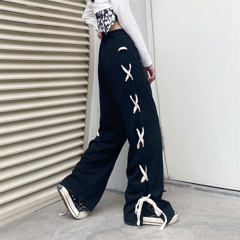 Black Side Bow Bandage High Waist Trousers