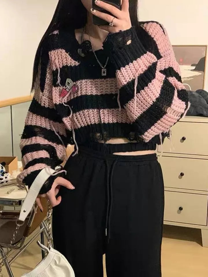 Black & Pink Striped Knit Cropped Pullover