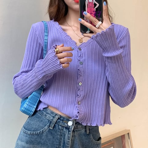 Cute V Neck Knit Casual Thin Sweater Cardigan Shirt Tee T-shirt E-Girl Kawaii Korean Japanese Harajuku Chinese Retro Streetwear