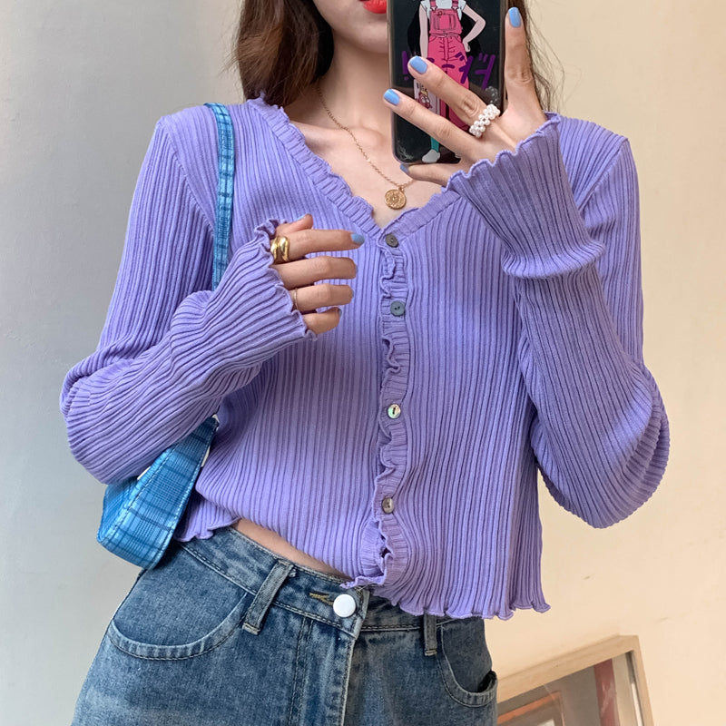Cute V Neck Knit Casual Thin Sweater Cardigan Shirt Tee T-shirt E-Girl Kawaii Korean Japanese Harajuku Chinese Retro Streetwear