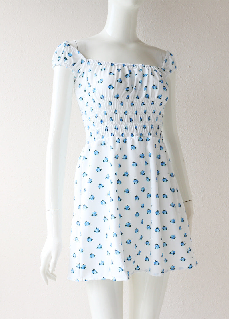 Blue Floral Puff Sleeve Mini Dress