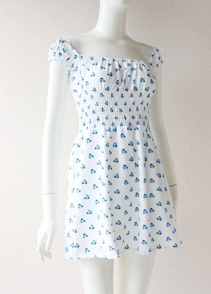 Blue Floral Puff Sleeve Mini Dress