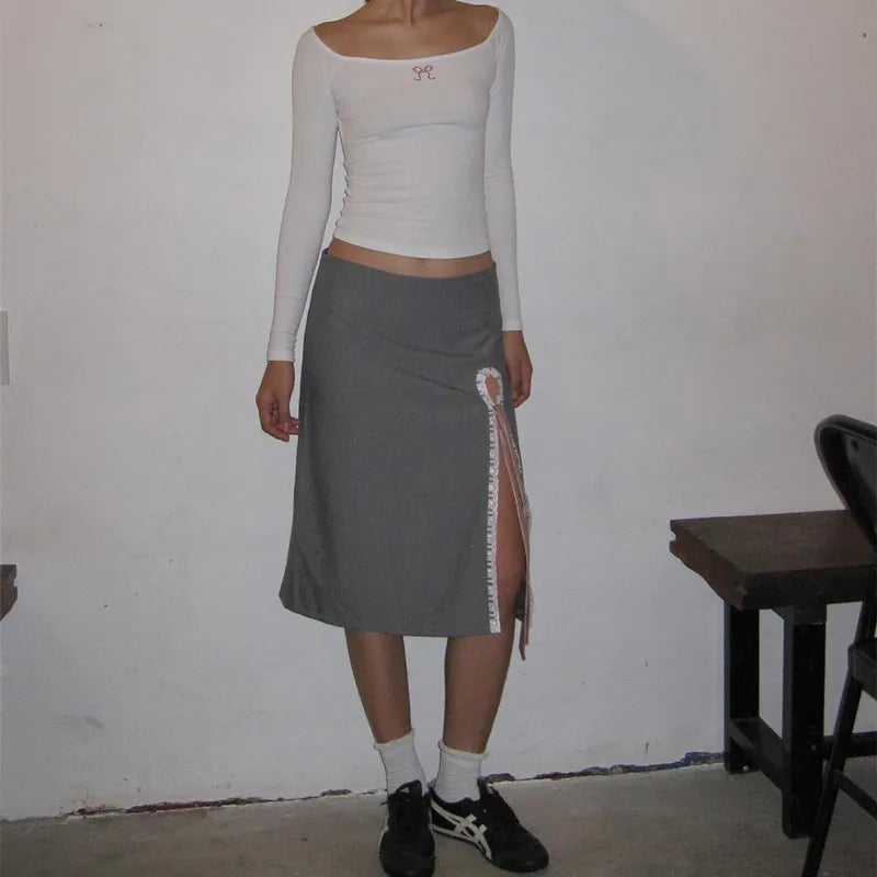 Grey Lace Bow Side Split Midi Skirt