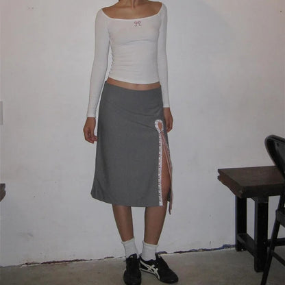 Grey Lace Bow Side Split Midi Skirt