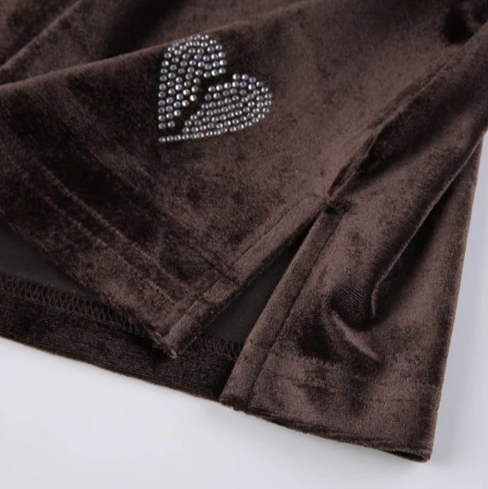 Cute Sexy Brown Rhinestone Crystal Heart Velvet Slit Low Waisted Mini Skirt Bottoms Aesthetic Casual Summer E-Girl Kawaii Korean Japanese Harajuku