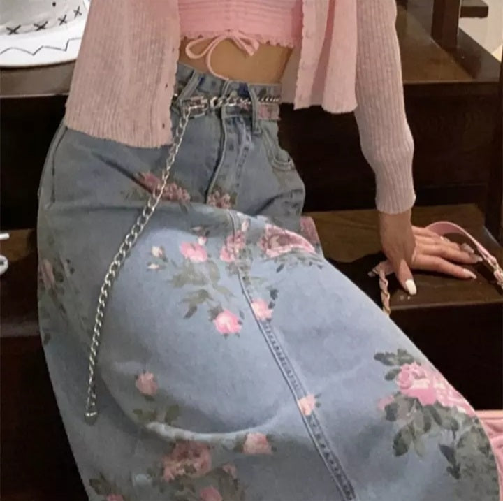 Cute Vintage Flowers Print Maxi Denim Skirt High Waist Open Split Straight Summer Aesthetic Casual E-Girl Kawaii Korean Japanese Harajuku