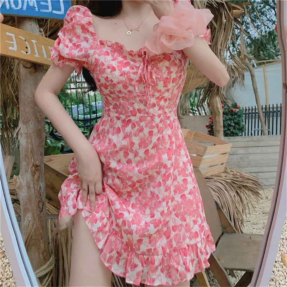 Pink Flower Ruffle Puff Sleeve Dress