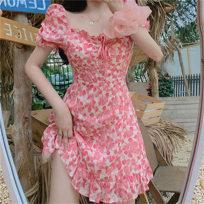 Pink Flower Ruffle Puff Sleeve Dress