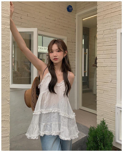 White Ruffle Spaghetti Strap Tank Top