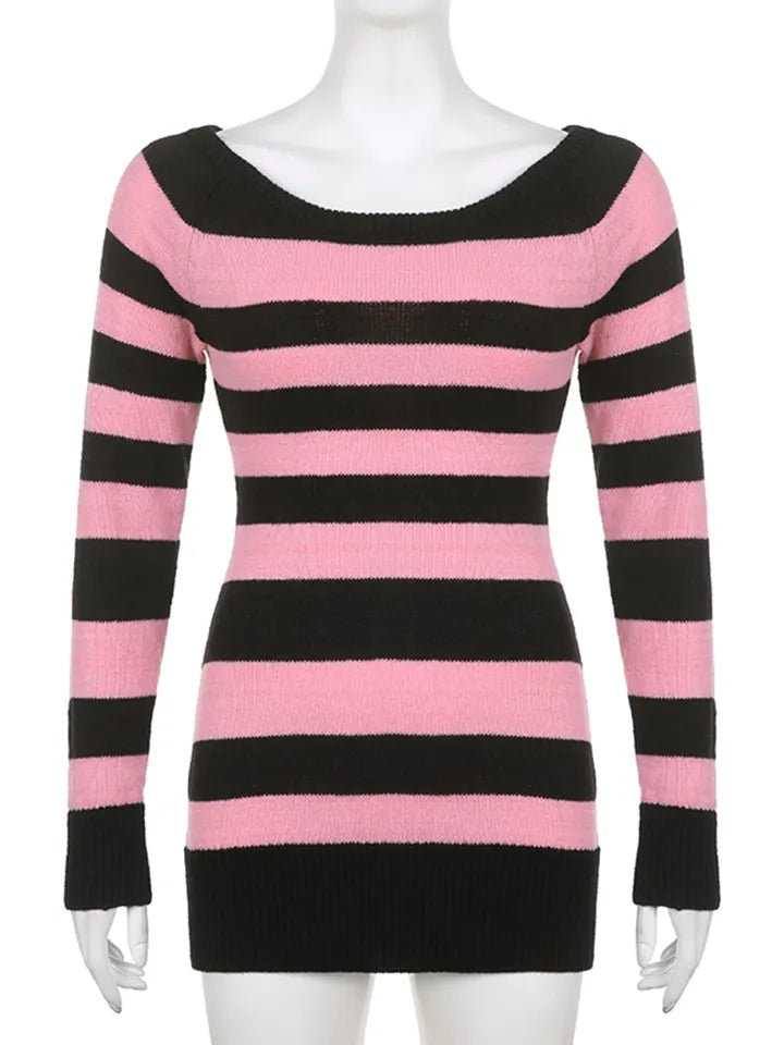 Pink & Black Stripe Off Shoulder Knit Dress