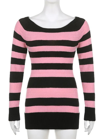 Pink & Black Stripe Off Shoulder Knit Dress
