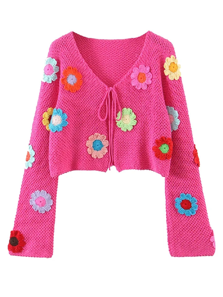 Pink Flower Crochet Top + Flare Sleeve Sweater