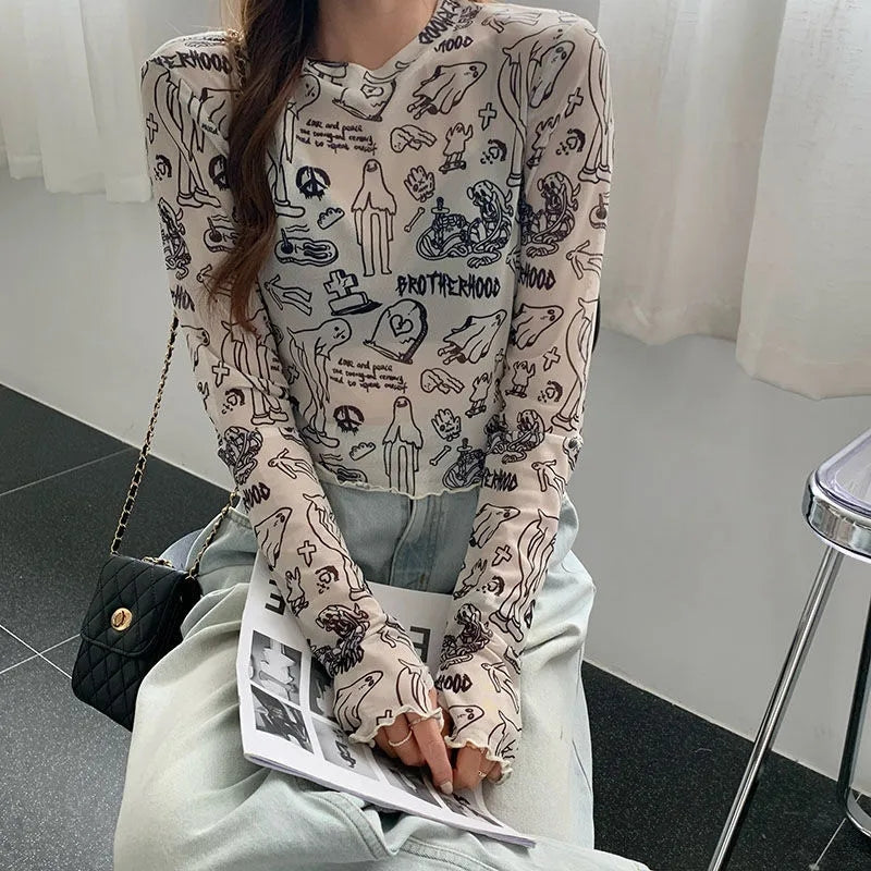 Spooky Mesh Ruffle Long Sleeve Shirt
