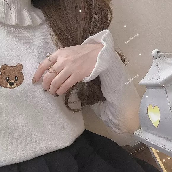 Cute Bear Embroidery Turtleneck Vintage Sweater High Neck Ruffle Pullover Long Sleeve Knit E-Girl Kawaii Korean Japanese Harajuku Streetwear