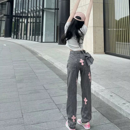 Cute Cross Jean High Waist Straight Baggy Pants Denim Trousers Summer Aesthetic Casual E-Girl Kawaii Korean Japanese Harajuku