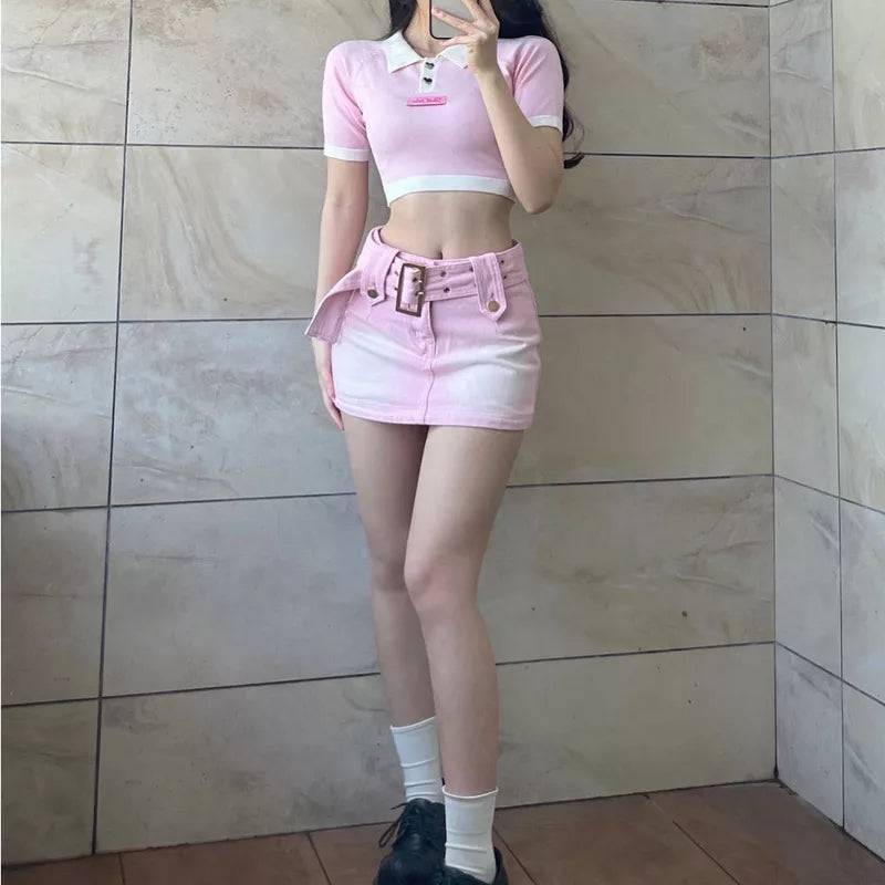 Pink Denim Low Waist Belt A-Line Skirt
