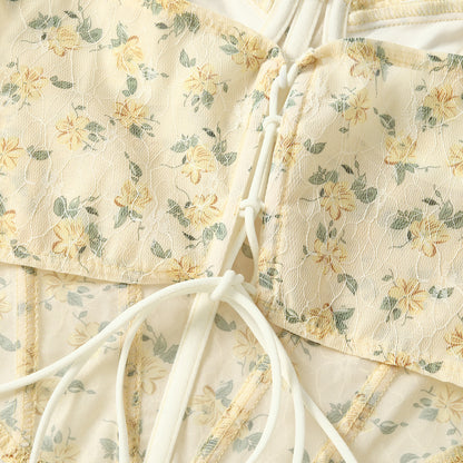 Blue Floral Lace Up Backless Corset Top