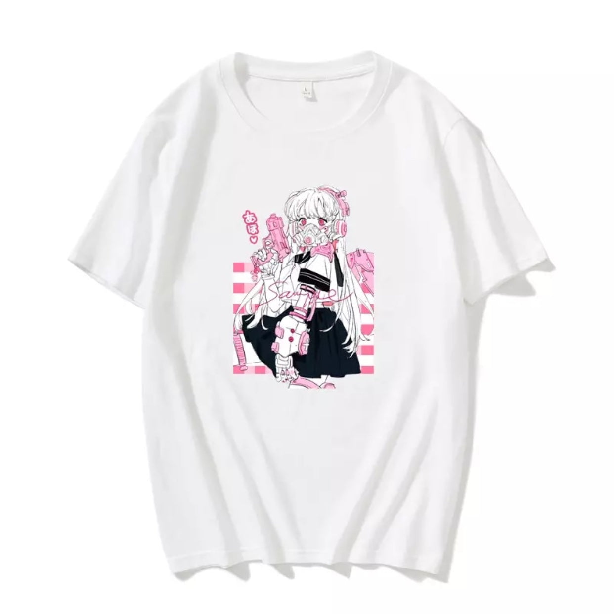 Cute Pink Black Sweet Vintage Anime Girl Cartoon Loose Short Sleeve Shirt Tee T-shirt Summer Casual E-Girl Kawaii Korean Japanese Harajuku Streetwear