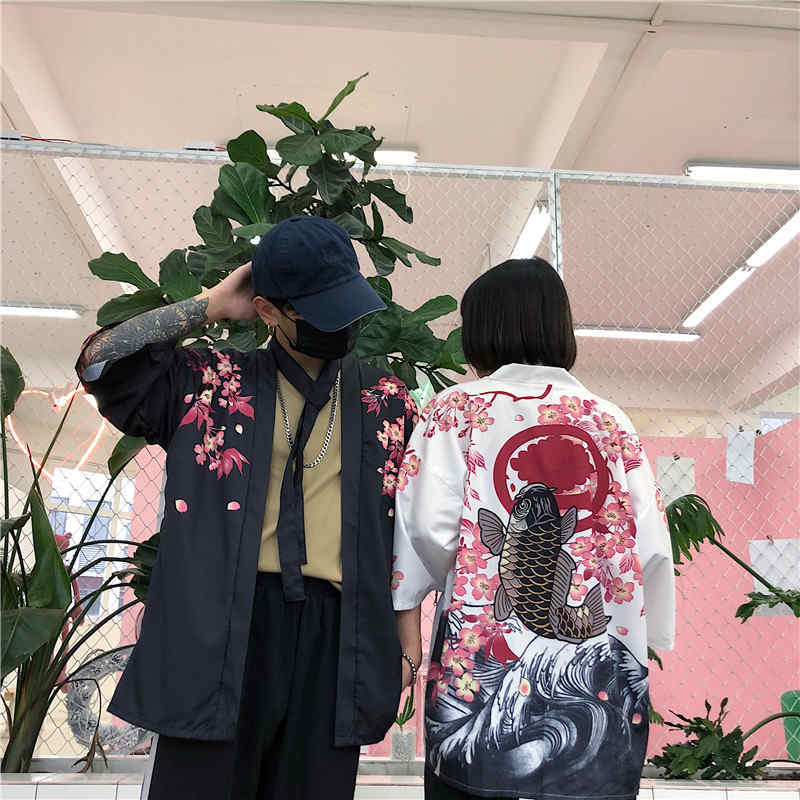 Cute Koi Goldfish Sakura Cherry Blossom Kimono Print Loose Cardigan Blouse Long Sleeve Shirt Top E-Girl Kawaii Korean Japanese Harajuku Streetwear