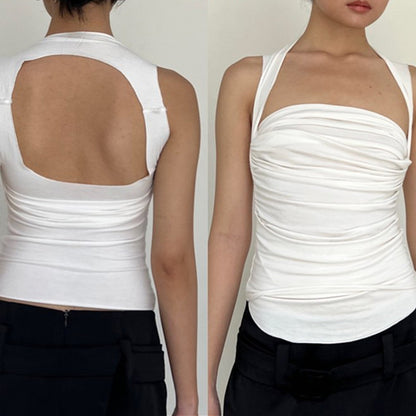White Pleated Backless Tank Top
