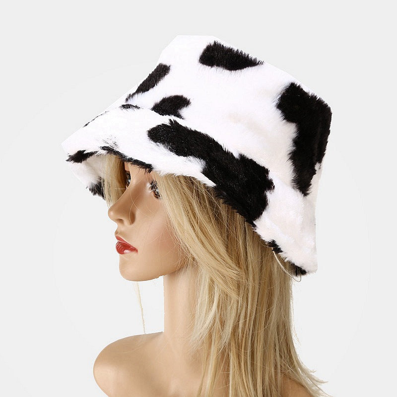 Cow Print Plush Bucket Hat Warm Soft Velvet Fishermen Cap Animal Print Winter Women E-Girl Kawaii Korean Japanese Harajuku Streetwear