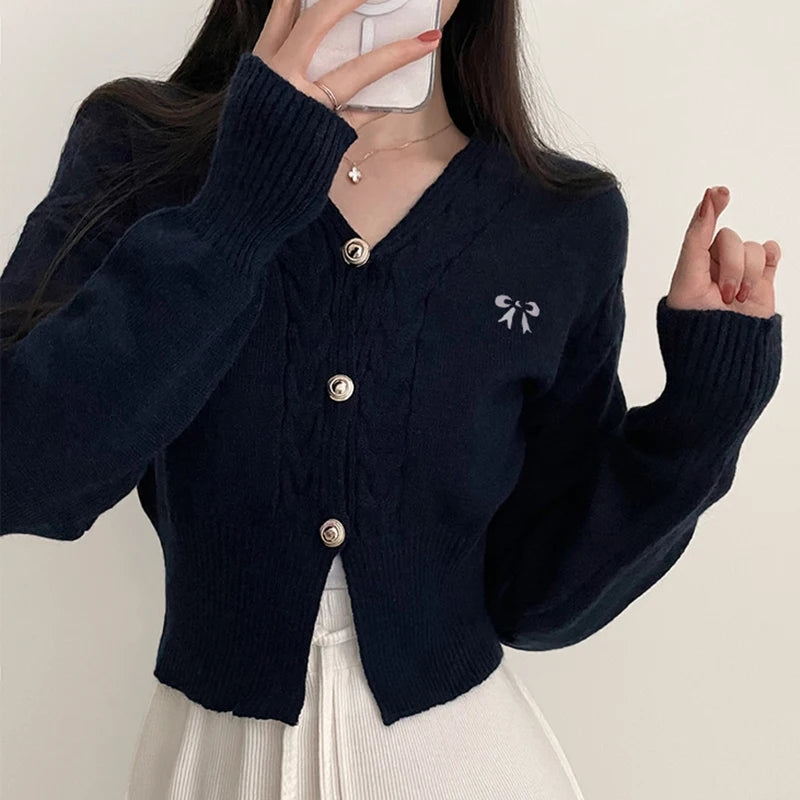 Black Bow Embroidery Twist Knit Sweater