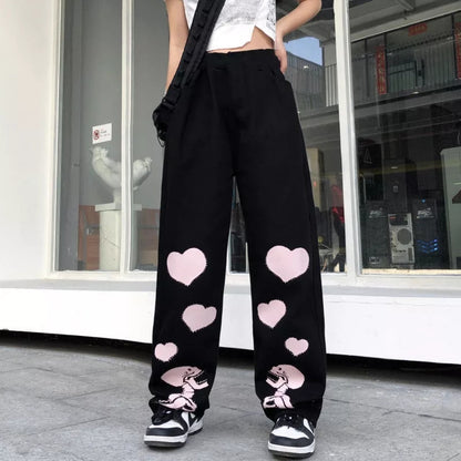 Black Skeleton Print Loose Waist Wide Leg Pants