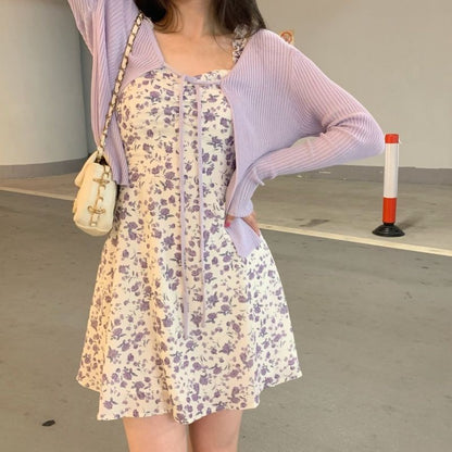 2PCS Purple Floral Spaghetti Strap Mini Dress + Cardigan