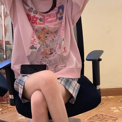White Vintage Anime Girl Cartoon Print Graphic Long Sleeve Sweatshirt Sweater Pullover Jumper Causal E-Girl Kawaii Korean Japanese Harajuku Streetwear