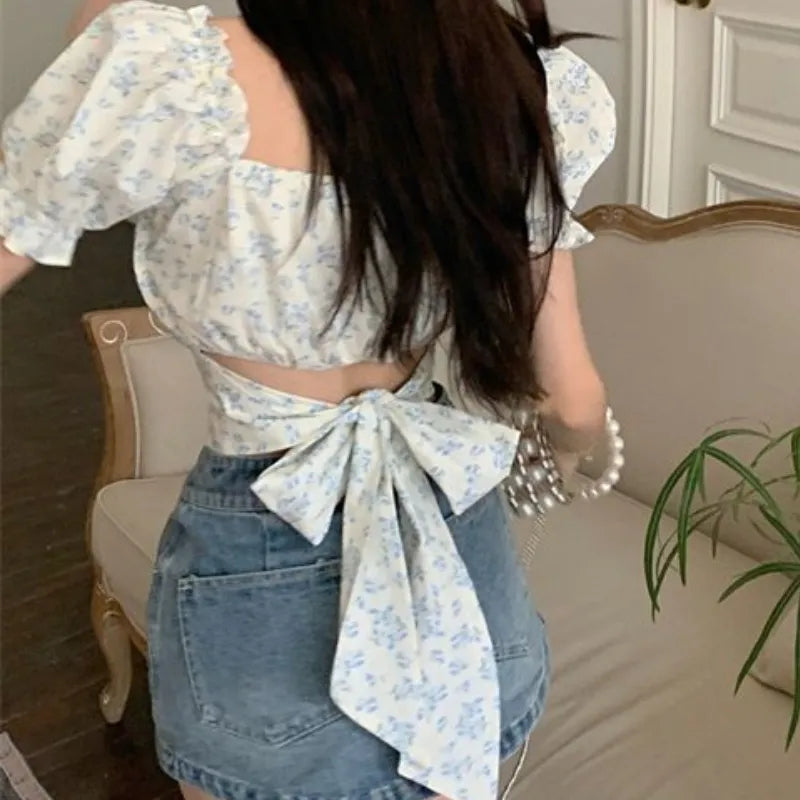 Blue Floral Bandage Puff Sleeve Square Collar Top