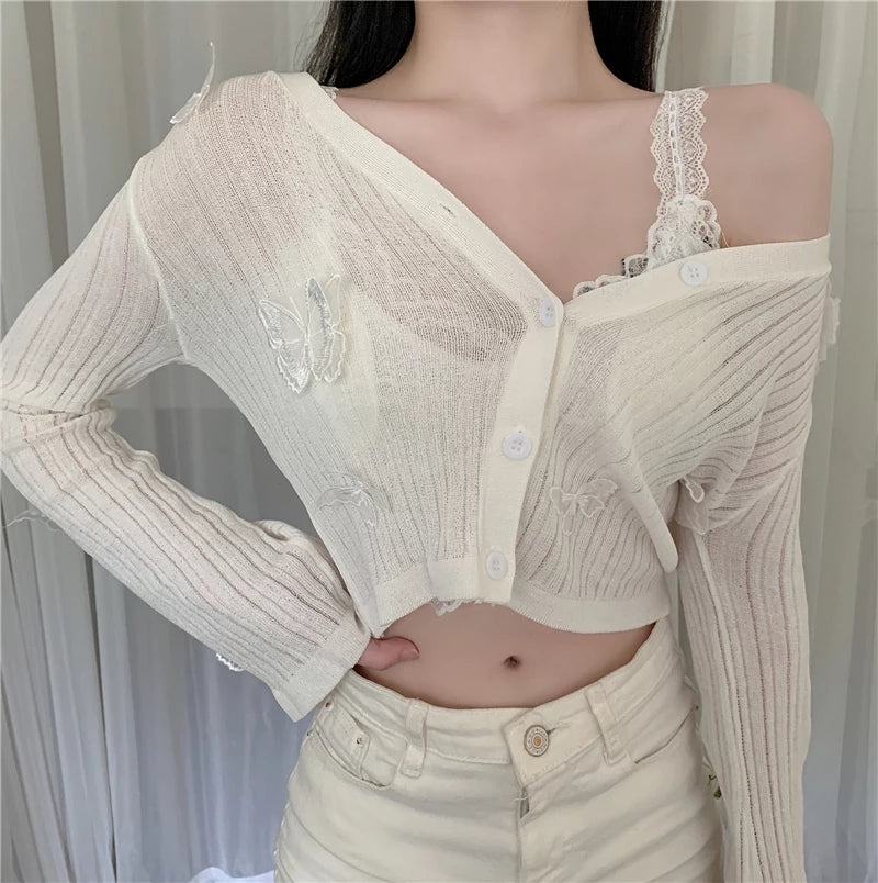 Cute Sweet Butterfly Knit Cardigan V Neck Crop Top Thin Long Sleeve T-shirt Vintage Aesthetic Casual Summer E-Girl Kawaii Korean Japanese Harajuku