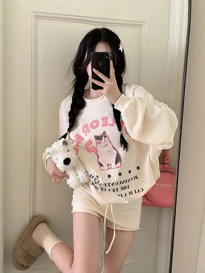 Cat Question Mark Graphic Print Loose Sweatshirt
