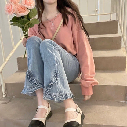 Pink Cat Embroidery Crop Sweater