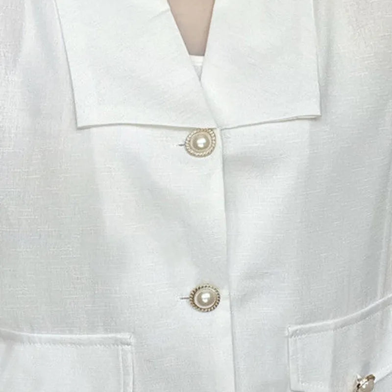 White Pearl Button Tweed Short Sleeve Blouse