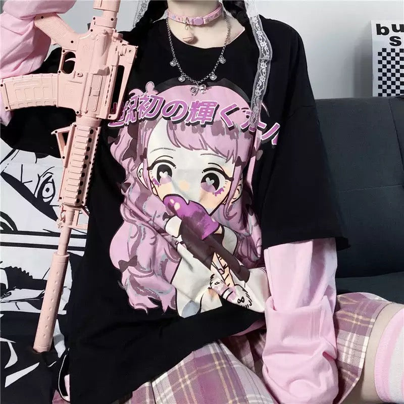 Cute Aesthetic Black Anime Girl Cartoon Print Short Sleeve Shirt Oversized Loose T-shirt Top Goth E-Girl Kawaii Korean Japanese Harajuku Streetwear