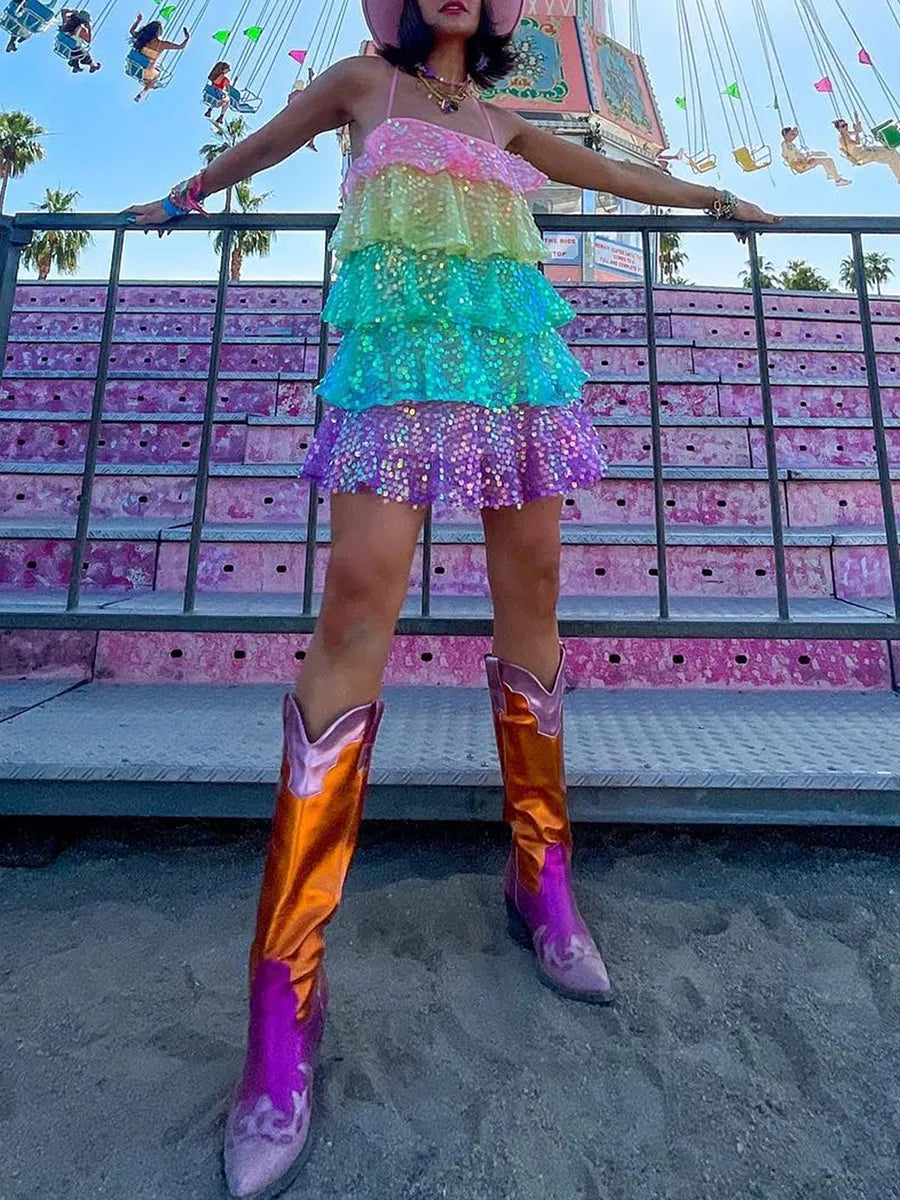 Rainbow Sequin Layered Ruffle Dress