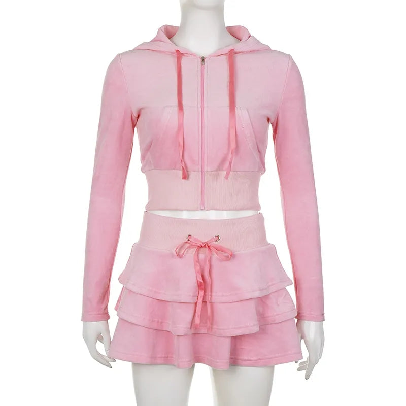 2PCS Pink Zipper Hoodie + Tiered Mini Skirt Set
