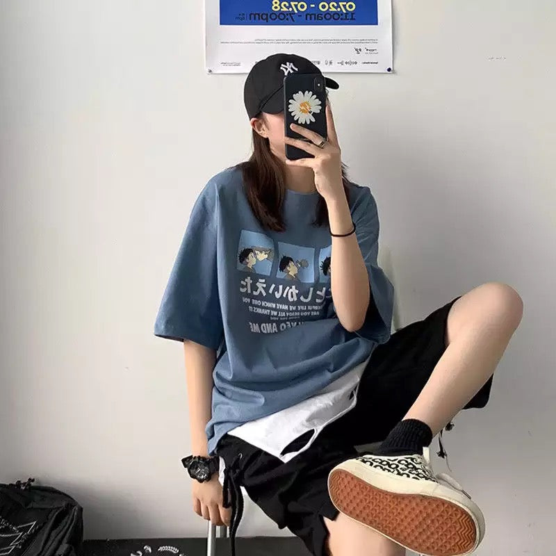 Cute Anime Boy Print Cartoon Oversized Loose Short Sleeve Shirt T-shirt Top Tee Summer Casual E-Girl Kawaii Korean Japanese Harajuku Streetwear
