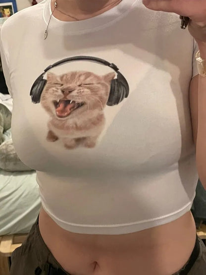 Cat Music Print Ribbed Tank Top