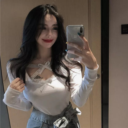 Cute Sexy Lace Cross Ribbon Long Sleeve Shirt Top Aesthetic Casual Summer E-Girl Kawaii Korean Japanese Harajuku