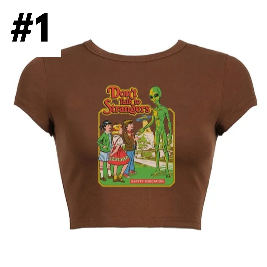 Cute Brown Alien Funny Cartoon Print Vintage Crop Top Short Sleeve Shirt Aesthetic Casual Summer E-Girl Kawaii Korean Japanese Harajuku