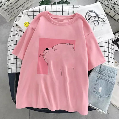 Cute Polar Bear Animal Print Cartoon Loose Oversize Short Sleeve Short T-shirt Tee Top Summer Casual E-Girl Kawaii Korean Japanese Harajuku Streetwear