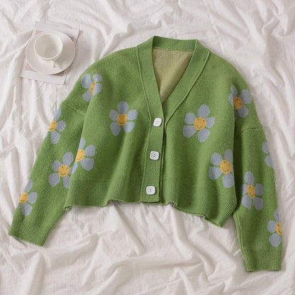 Cute Flower Preppy V Neck Loose Flower Knit Cardigan Sweater Korean Japanese Harajuku Chinese Streetwear Fashion