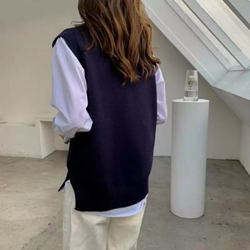 Cute Solid Simple V Neck Knit Vest Sleeveless Oversized Loose Sweater Sweatshirt Pullover Jumper E-Girl Kawaii Korean Japanese Harajuku Streetwear