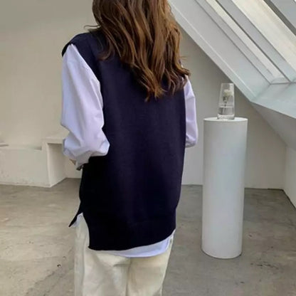 Cute Solid Simple V Neck Knit Vest Sleeveless Oversized Loose Sweater Sweatshirt Pullover Jumper E-Girl Kawaii Korean Japanese Harajuku Streetwear