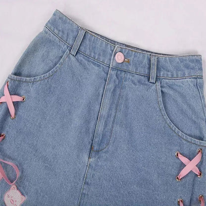 Cat Embroidery Pink Ribbon Denim Shorts