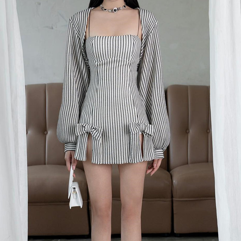 2PCS Vertical Stripe Slip Dress + Jacket
