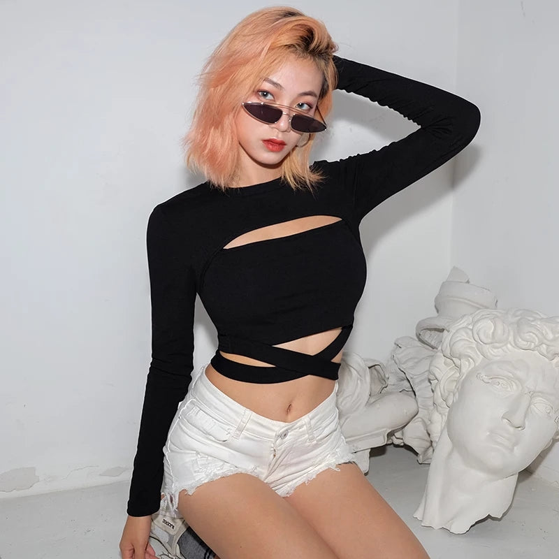Cute Black Criss Cross Bandage Hallow Out Long Sleeve T-shirt Crop Top Summer Aesthetic Casual E-Girl Kawaii Korean Japanese Harajuku