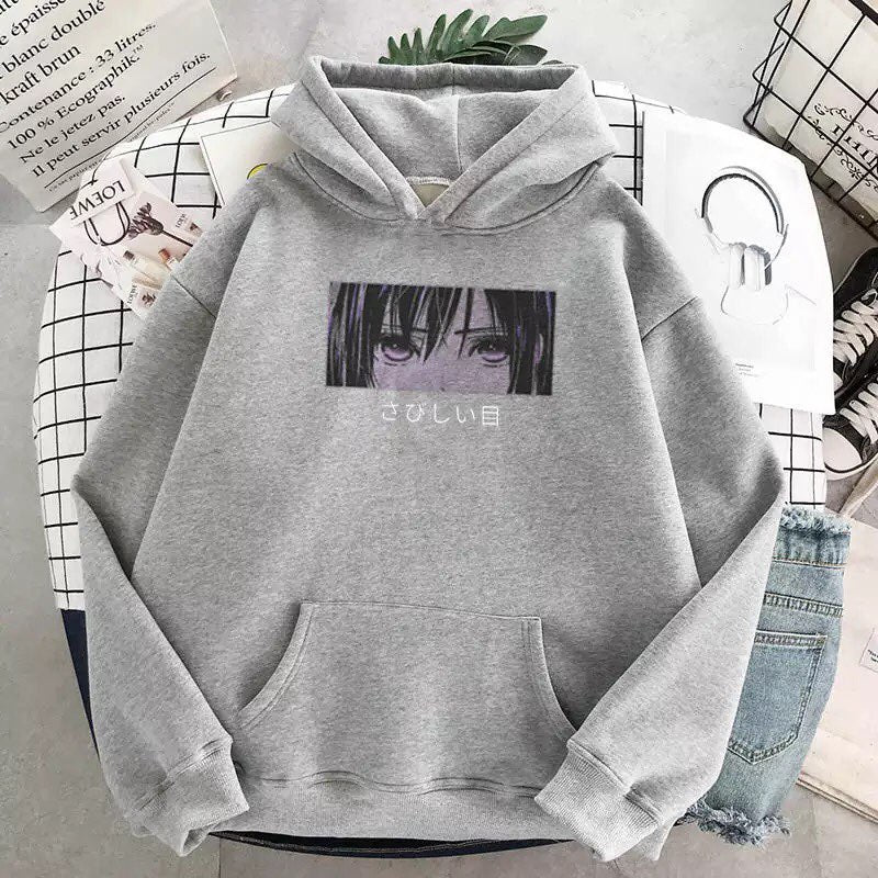 Cute Anime Girl Sad Eyes Hoodie Loose Long Sleeve Sweatshirt Sweater Pullover Jumper Casual E-Girl Kawaii Korean Japanese Harajuku Streetwear